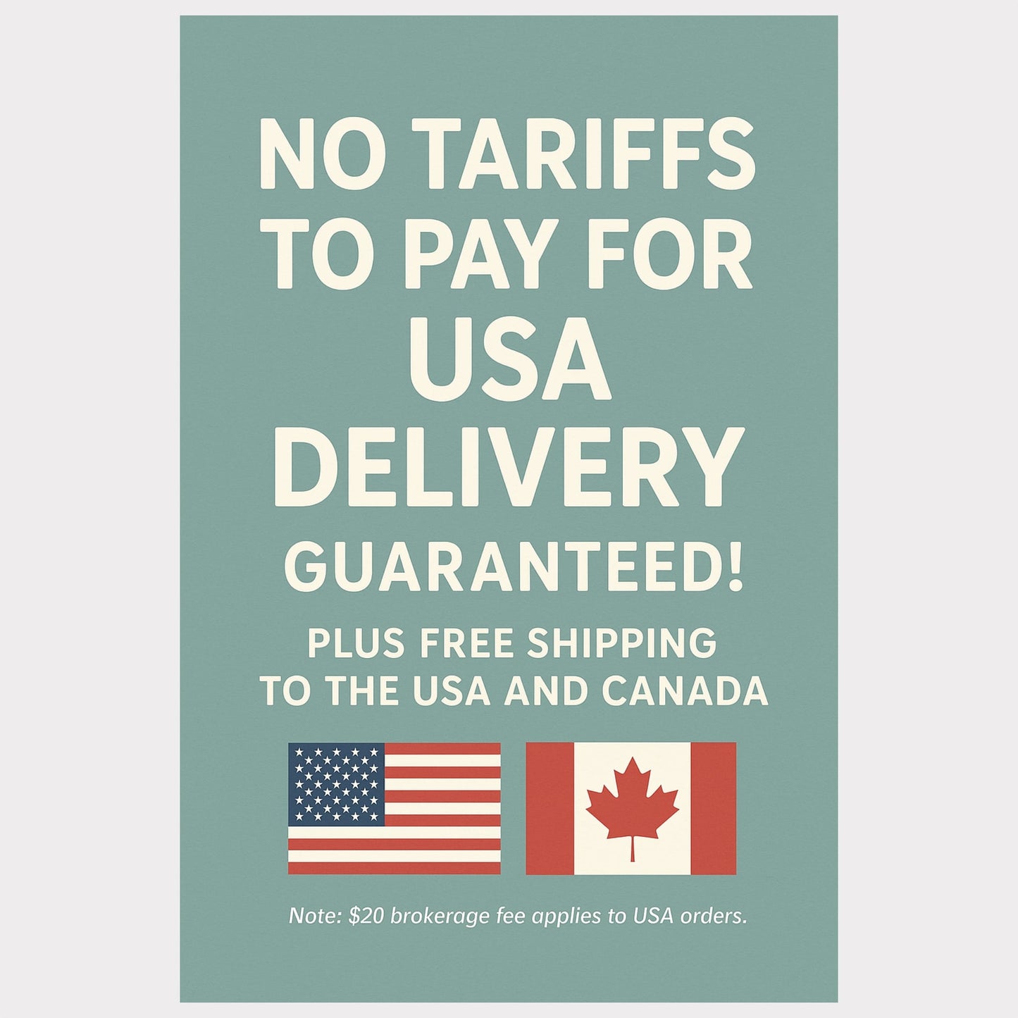 Promotional text about tariff-free shipping to the USA, and free shipping to the USA and Canada.