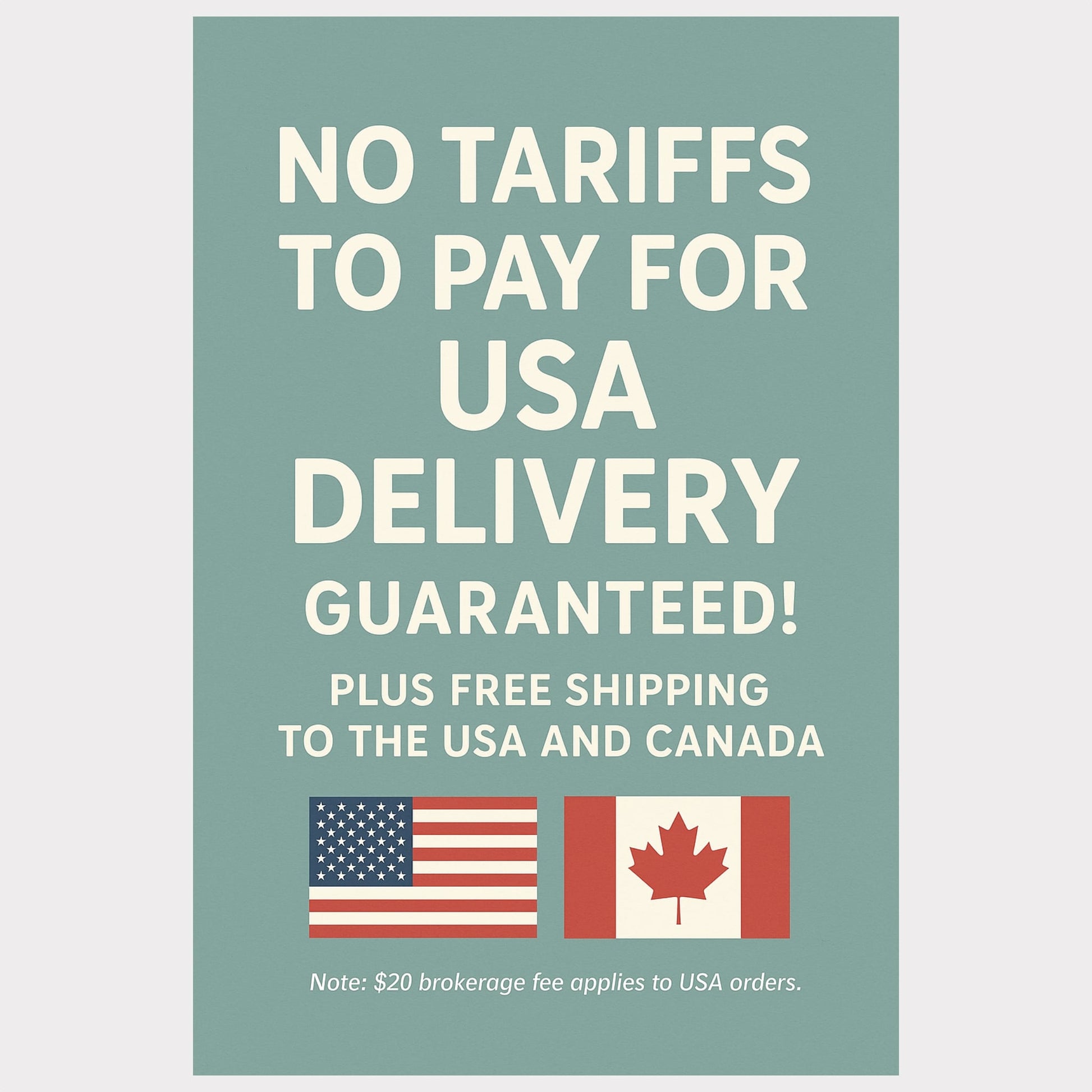 Promotional text about tariff-free shipping to the USA, and free shipping to the USA and Canada.