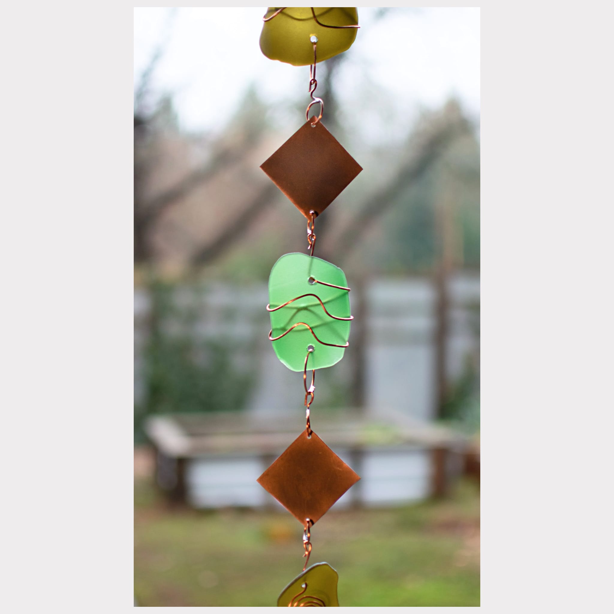 Wind chime tumbled beach glass diamond shaped orders with etched copper hanger